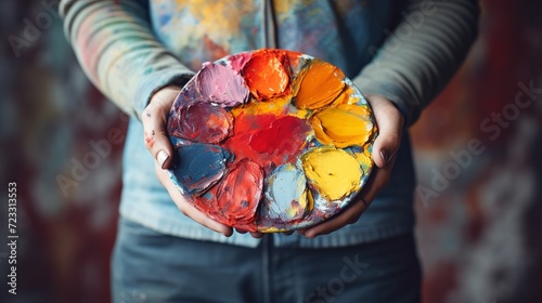 Female artist's hand showing messy color palette