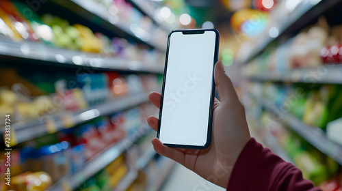 Hand holding an isolated smartphone device with blank empty white screen at the supermarket, business communication technology concept