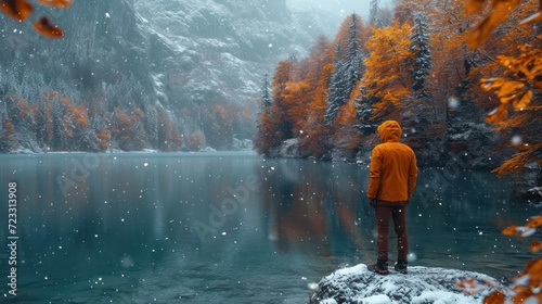  a person standing on a rock in front of a body of water with trees in the background and snow falling on the ground and a mountain in the foreground.