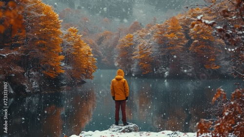  a person in a yellow jacket stands on a rock in front of a lake surrounded by trees with yellow leaves on it and snowing on the ground and the ground.