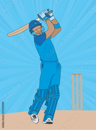 Cricket Batsman in Playing action illustration, the vector sketch of a cricket player