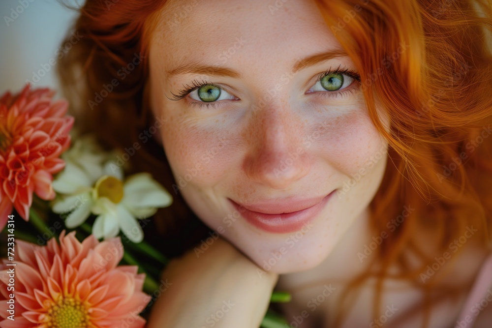 Portrait of a woman with green eyes and red hair smiling Portrait of a woman with green eyes and red hair smiling