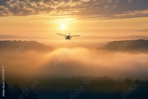 Tiny aircraft flies through misty sunrise. Generative AI