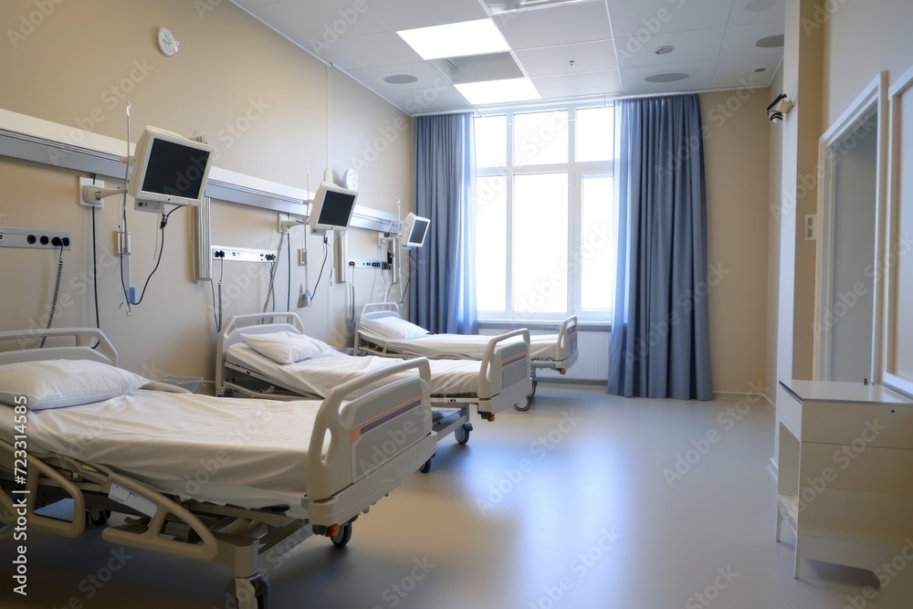 Comfortable and clean recovery room in a new medical center with an empty bed