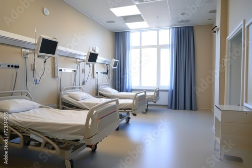 Comfortable and clean recovery room in a new medical center with an empty bed