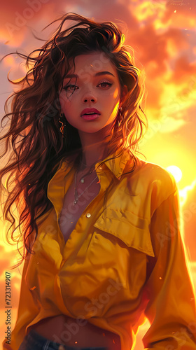 Generate a portrait of a woman with wavy hair, wearing a yellow shirt, and standing in front of a sunset