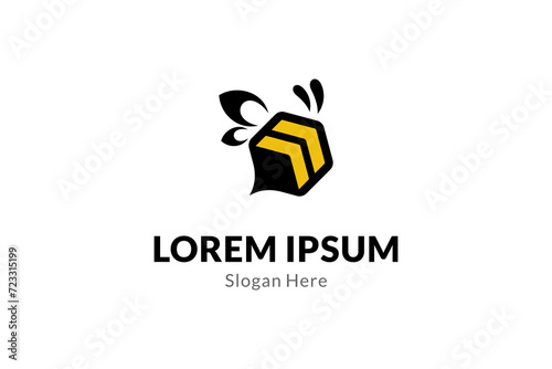 Honey bee logo with hexagonal shape in flat vector design style