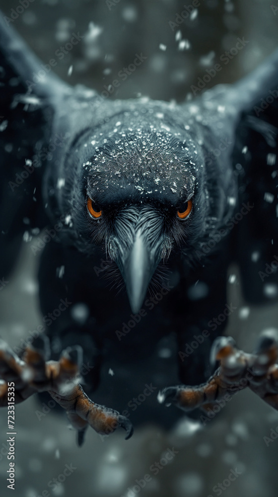Large Black Bird With Orange Eyes Sitting on a Branch Large Black Bird With Orange Eyes Sitting on a Branch