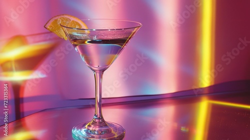  a close up of a martini glass with a slice of orange on the rim and a cocktail glass in the foreground with a pink and yellow and purple background.
