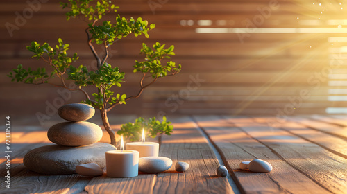 Bonsai trees, zen stones, and lighted candles on a wooden background, This concept of peaceful essence of tranquility, mindfulness and spiritual meditation