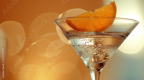  a close up of a martini glass with a slice of an orange on the rim of the glass and a blurry background of lights in the back of the background.