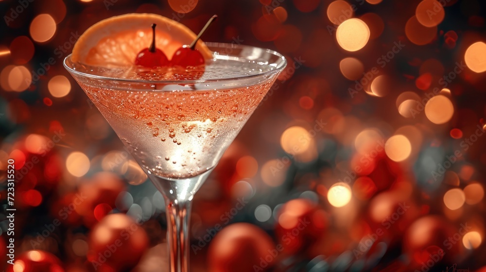 a close up of a drink in a glass with a cherry garnish on the rim and a cherry garnish on the rim, with a boke of lights in the background. a close up of a drink in a glass with a cherry garnish on the rim and a cherry garnish on the rim, with a boke of lights in the background.