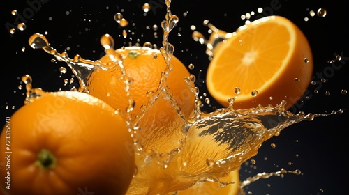 Fresh oranges falling in juice