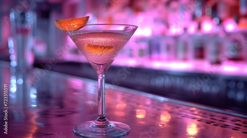  a close up of a wine glass on a bar with a orange slice in the middle of the glass and a bar in the back ground with liquor bottles in the background.