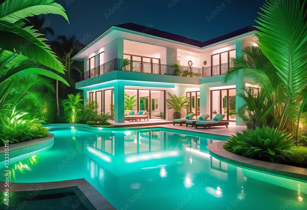 Luxurious tropical villa with swimming pool and exquisite architecture in a lush green garden, evening lighting of the relaxation area,