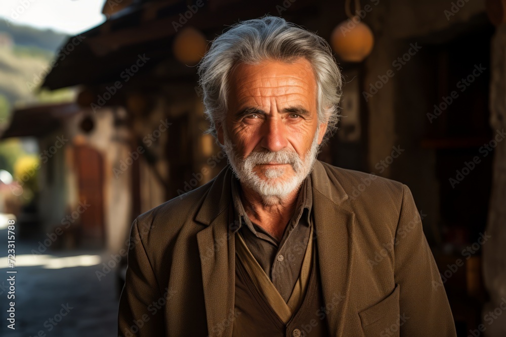 Elderly man with a striking gray beard and lean frame, standing thoughtfully in a charming old-world town Elderly man with a striking gray beard and lean frame, standing thoughtfully in a charming old-world town