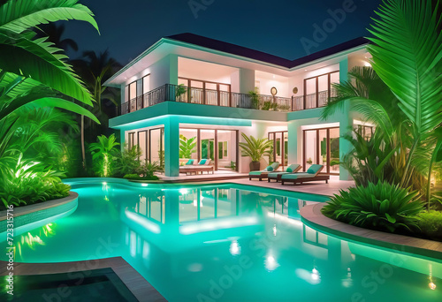 Luxurious tropical villa with swimming pool and exquisite architecture in a lush green garden, evening lighting of the relaxation area, © Perecciv