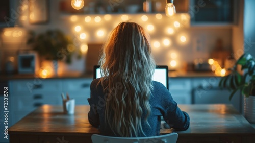 A young woman sits in dark blue pajamas and works on a computer at a table in...
