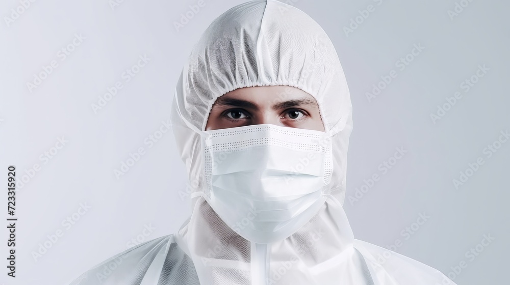 Front view male doctor in protective suit and with mask posing on white space Front view male doctor in protective suit and with mask posing on white space