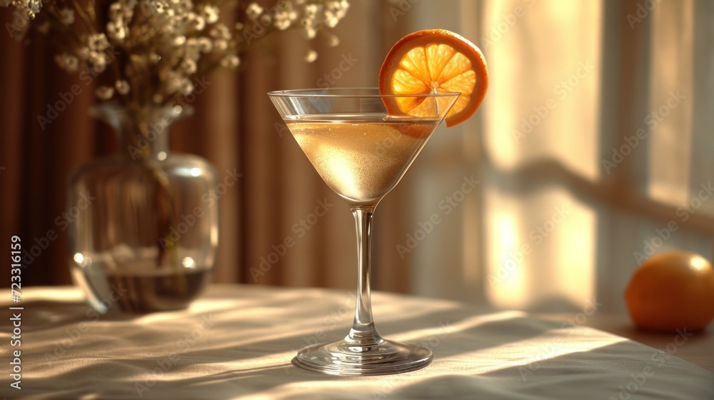  a close up of a drink in a glass on a table with a vase of flowers and an orange slice on the side of the glass in the foreground.