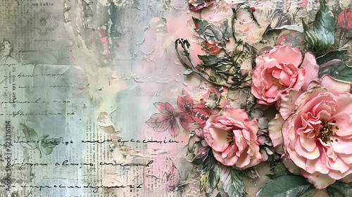 Vintage floral collage art, pink and green, for journaling