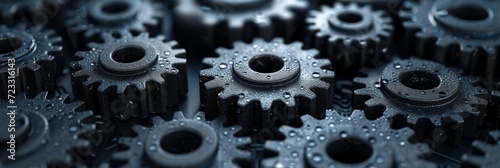 Abstract technological background of translucent gears in black metal colors