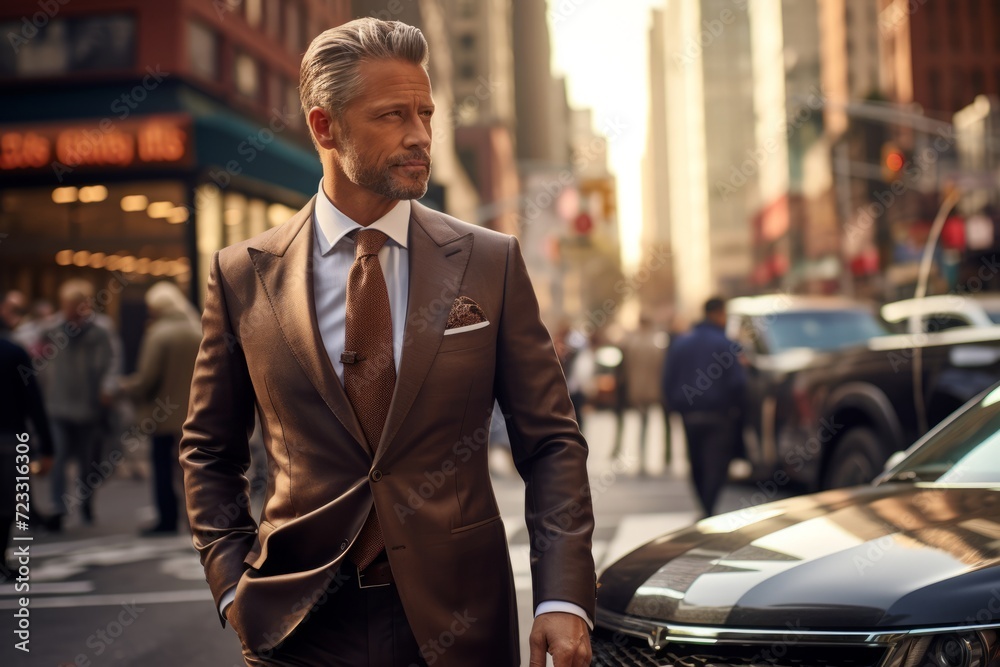Well-dressed middle-aged man in a suit and tie, with polished brown leather shoes, amidst the urban city life