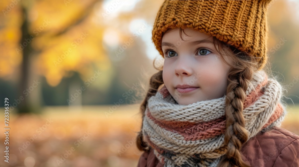 A young girl with chestnut hair wearing a cozy knit hat strolls through the park during autumn A young girl with chestnut hair wearing a cozy knit hat strolls through the park during autumn