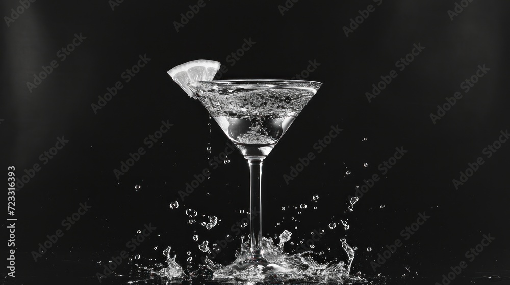  a black and white photo of a martini glass with a slice of lemon on the rim and water splashing on the bottom of the glass and on the bottom of the glass.