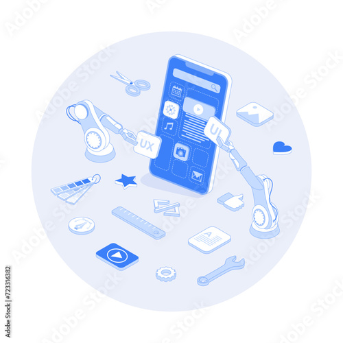 Mobile APP Development UI UX Design, SEO Optimization. Adaptive layout application web interface on smartphone screen. Vector outline illustration with isometry scene for web graphic