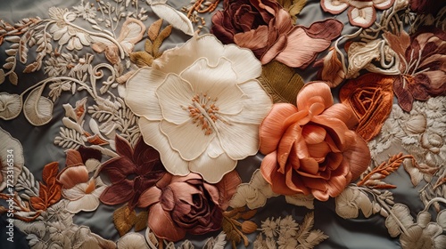 Intricate floral details and rich textures of vintage fabrics, such as lace, embroidery, or tapestries, highlighting their timeless elegance