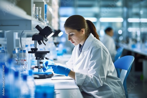 A portrait of a female immunologist, deeply immersed in her scientific research in a modern laboratory