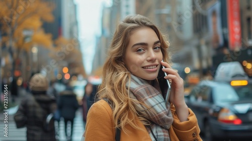 A young woman walks along a city street and calls on the phone while looking ...