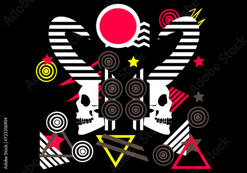 Colorful creative fun poster. Abstract background with skull icons and geometric elements, pink and yellow color.
