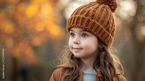 A young girl with chestnut hair wearing a cozy knit hat strolls through the park during autumn