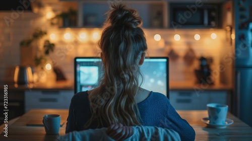A young woman sits in dark blue pajamas and works on a computer at a table in...