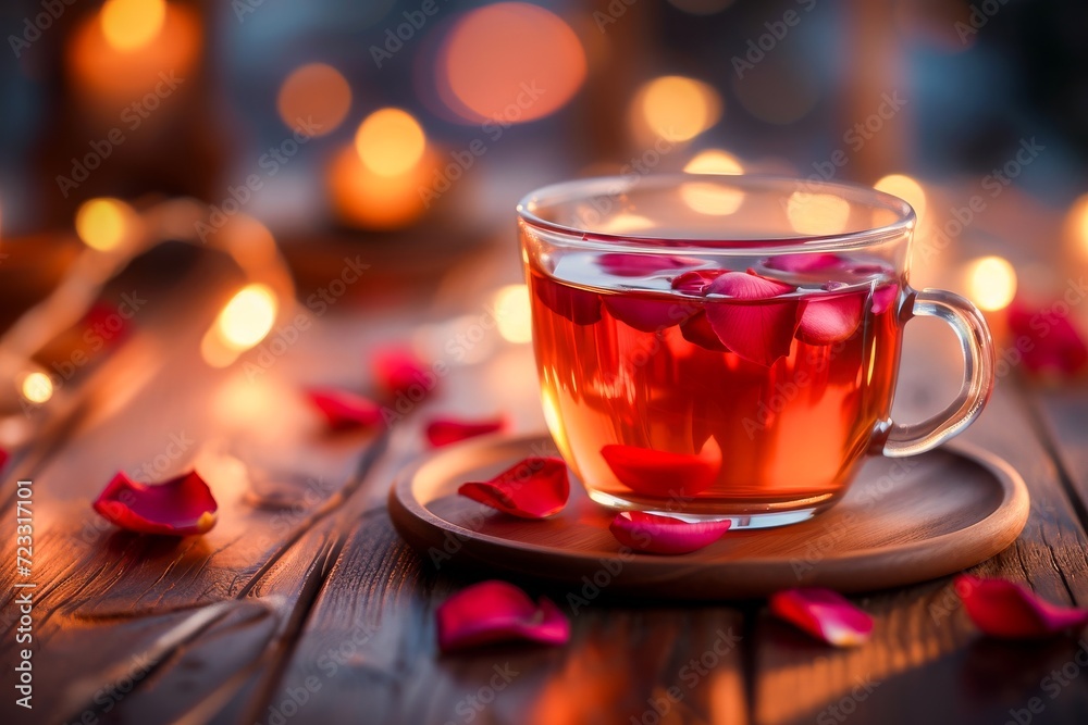 A warm cup of aromatic tea surrounded by rose petals on a cozy wooden table with soft glowing lights. A warm cup of aromatic tea surrounded by rose petals on a cozy wooden table with soft glowing lights.