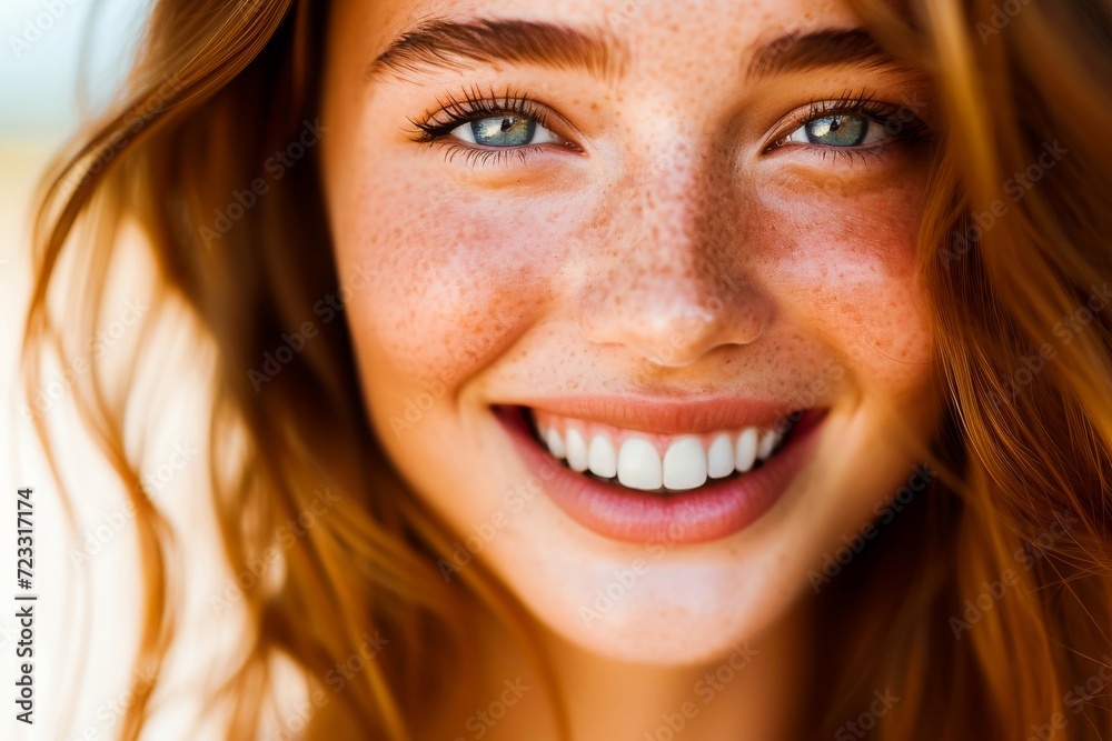 Close-up portrait of a joyful young woman with freckles smiling brightly, showcasing natural beauty and happiness. - obrazy, fototapety, plakaty 