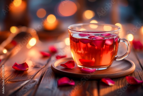 A warm cup of aromatic tea surrounded by rose petals on a cozy wooden table with soft glowing lights.