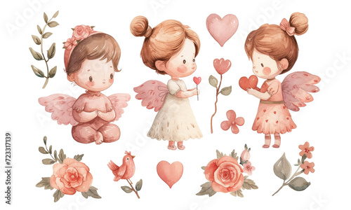 Watercolor love affair: Happy Valentine's Day vector illustration with hearts, angels, cupid. Perfect vector for romantic notes, expressing affection, and celebrating Love card.