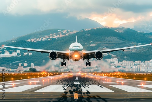 Commercial airplane landing on runway with cityscape and mountain background during twilight.