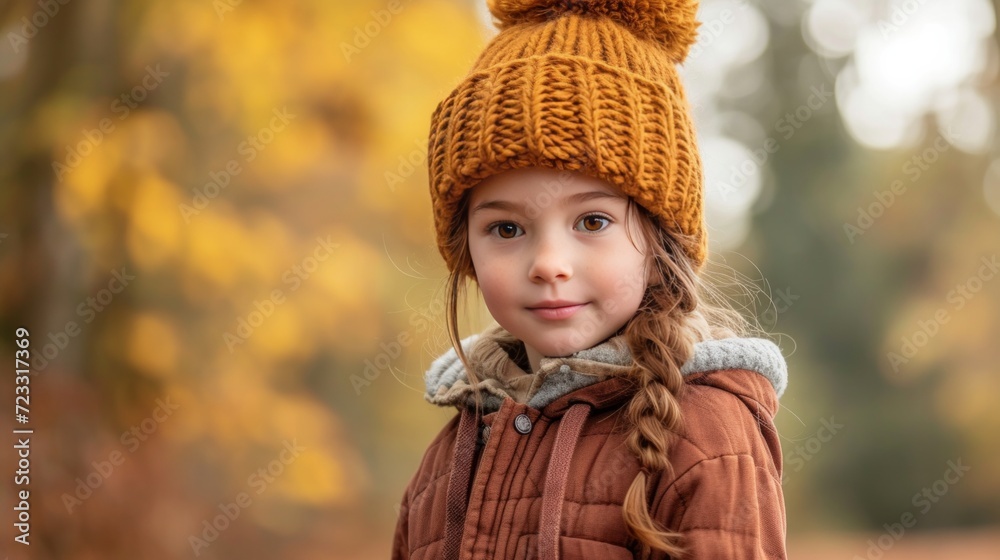 A young girl with chestnut hair wearing a cozy knit hat strolls through the park during autumn A young girl with chestnut hair wearing a cozy knit hat strolls through the park during autumn