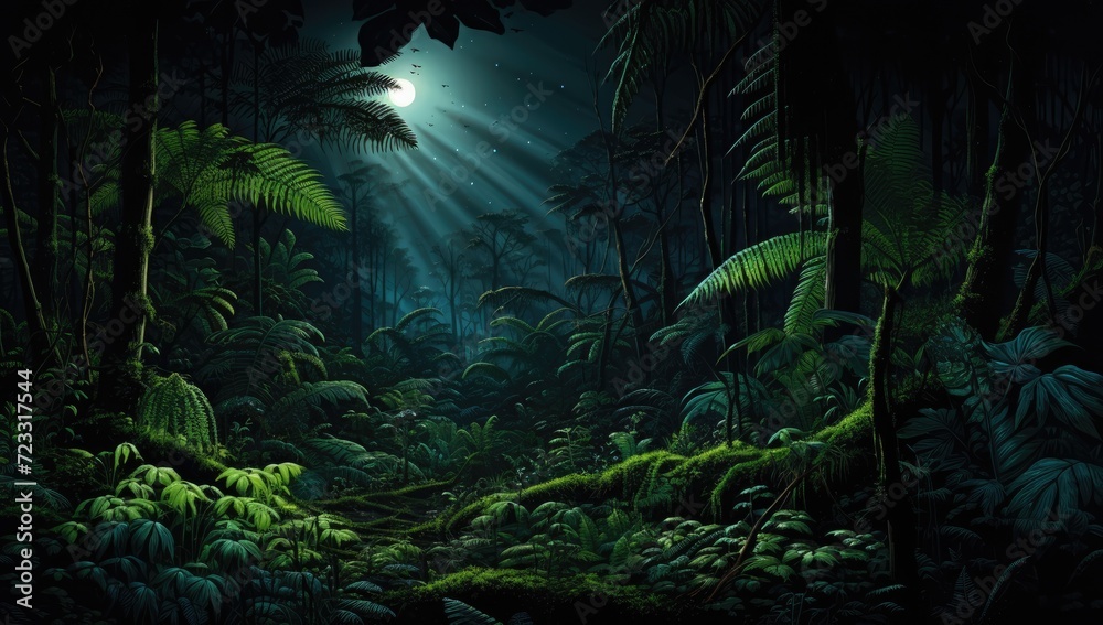 green foliage and ferns in the dark wood