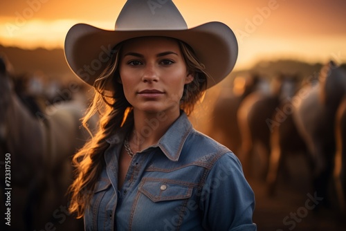 Sunset Snapshot of a Determined Woman Rancher, Dressed in Her Dusty Work Gear, Overlooking Her Cattle Ranch © aicandy