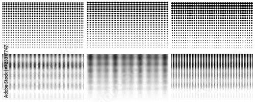 Halftone gradient set. Dotted, rectangle, polygon seamless geometric pattern vector template collection.