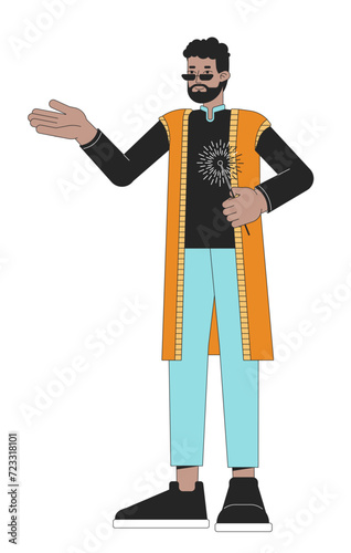 Dhoti kurta guy with bengal light 2D linear cartoon character. African american bearded isolated line vector person white background. Hindu festival of lights Deepawali color flat spot illustration