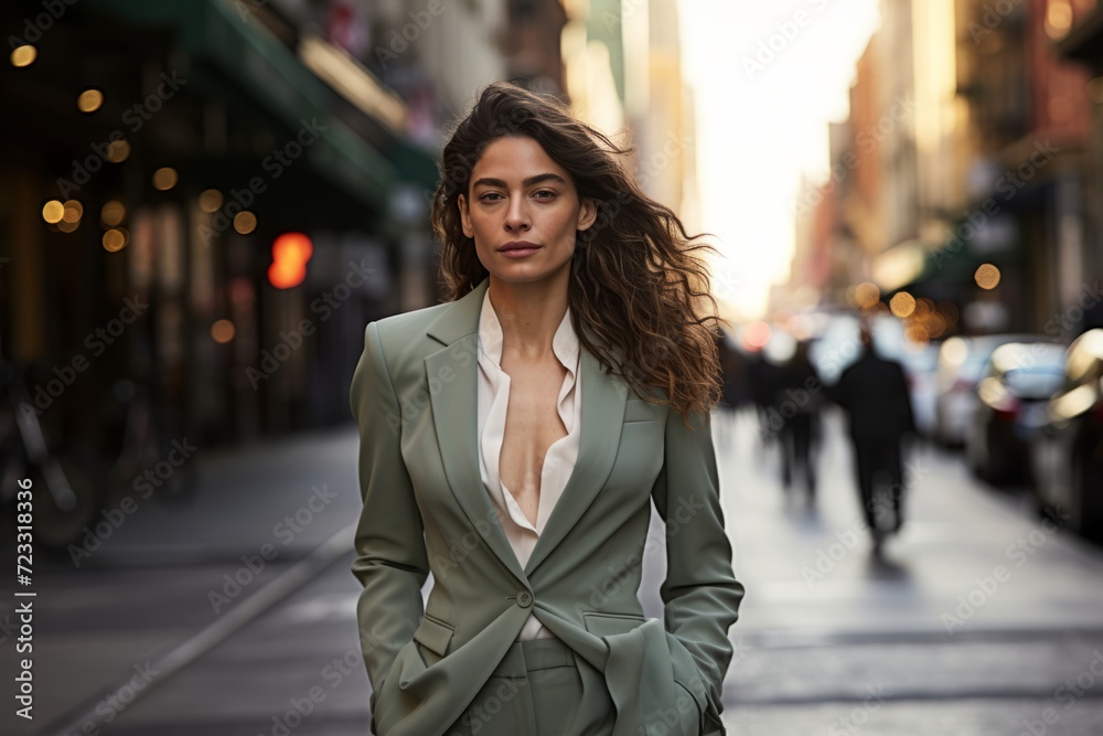 An ambitious woman in a stylish sage green suit and lace-trimmed camisole, navigating the urban jungle with confidence