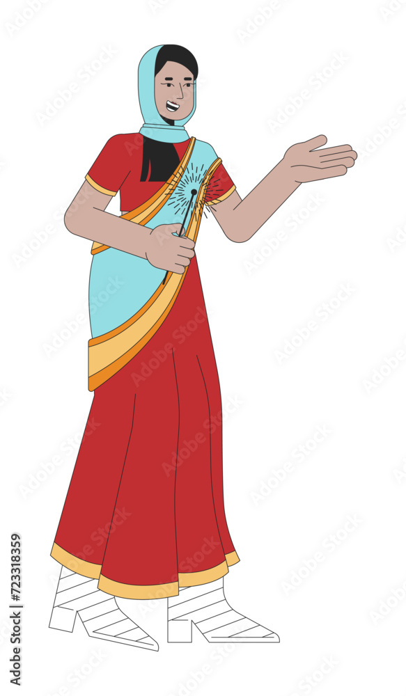 Islamic hijab smiling woman with bengal light 2D linear cartoon character. Young adult isolated line vector person white background. Hindu festival of lights Deepawali color flat spot illustration Islamic hijab smiling woman with bengal light 2D linear cartoon character. Young adult isolated line vector person white background. Hindu festival of lights Deepawali color flat spot illustration