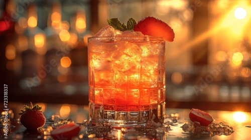  a close up of a drink with ice and strawberries on a table with a blurry background of lights and a glass with ice and strawberries in the foreground.