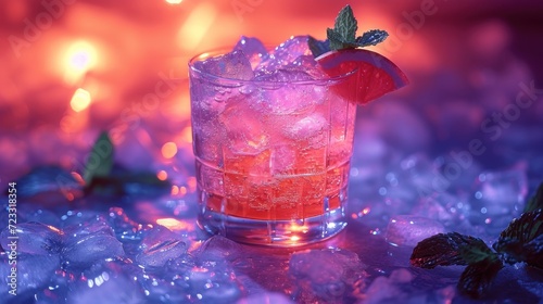  a close up of a drink in a glass with ice and a strawberry garnish on the rim of the glass  on a purple background of ice and red lights.